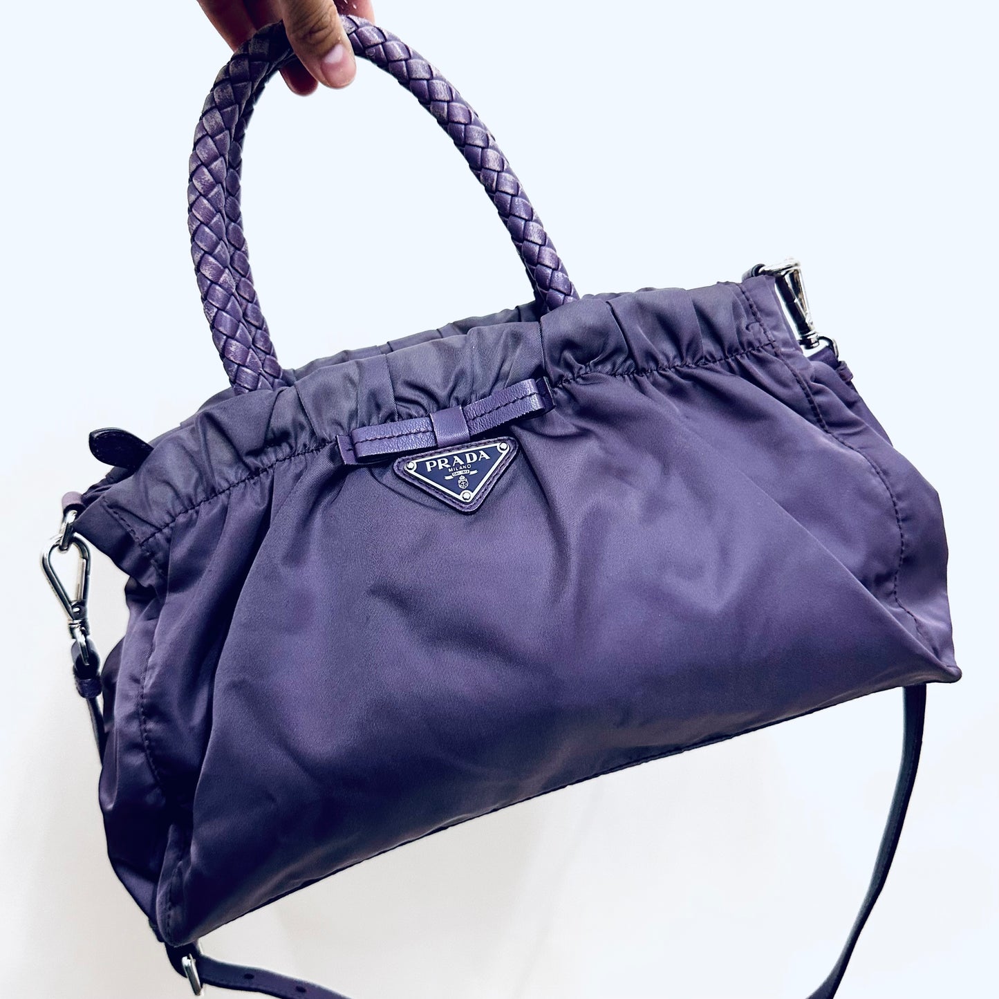 Prada Lavender Purple Bow Ruched Tessuto Classic Logo Nylon & Leather 2-Way Shoulder Sling Shopper Tote Bag