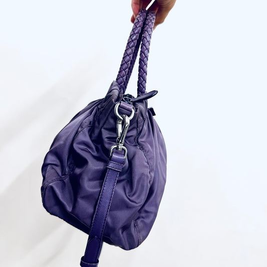 Prada Lavender Purple Bow Ruched Tessuto Classic Logo Nylon & Leather 2-Way Shoulder Sling Shopper Tote Bag