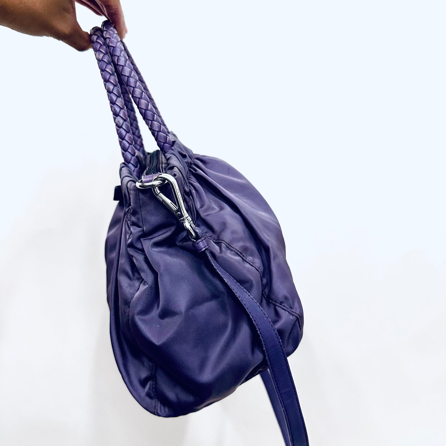 Prada Lavender Purple Bow Ruched Tessuto Classic Logo Nylon & Leather 2-Way Shoulder Sling Shopper Tote Bag