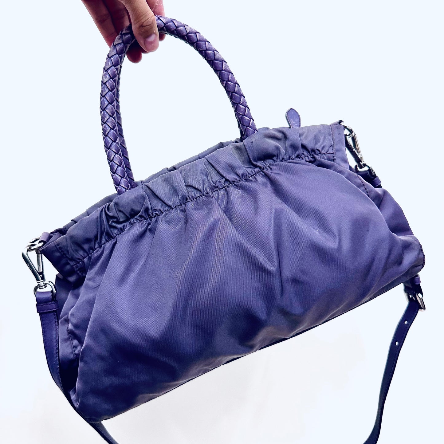 Prada Lavender Purple Bow Ruched Tessuto Classic Logo Nylon & Leather 2-Way Shoulder Sling Shopper Tote Bag