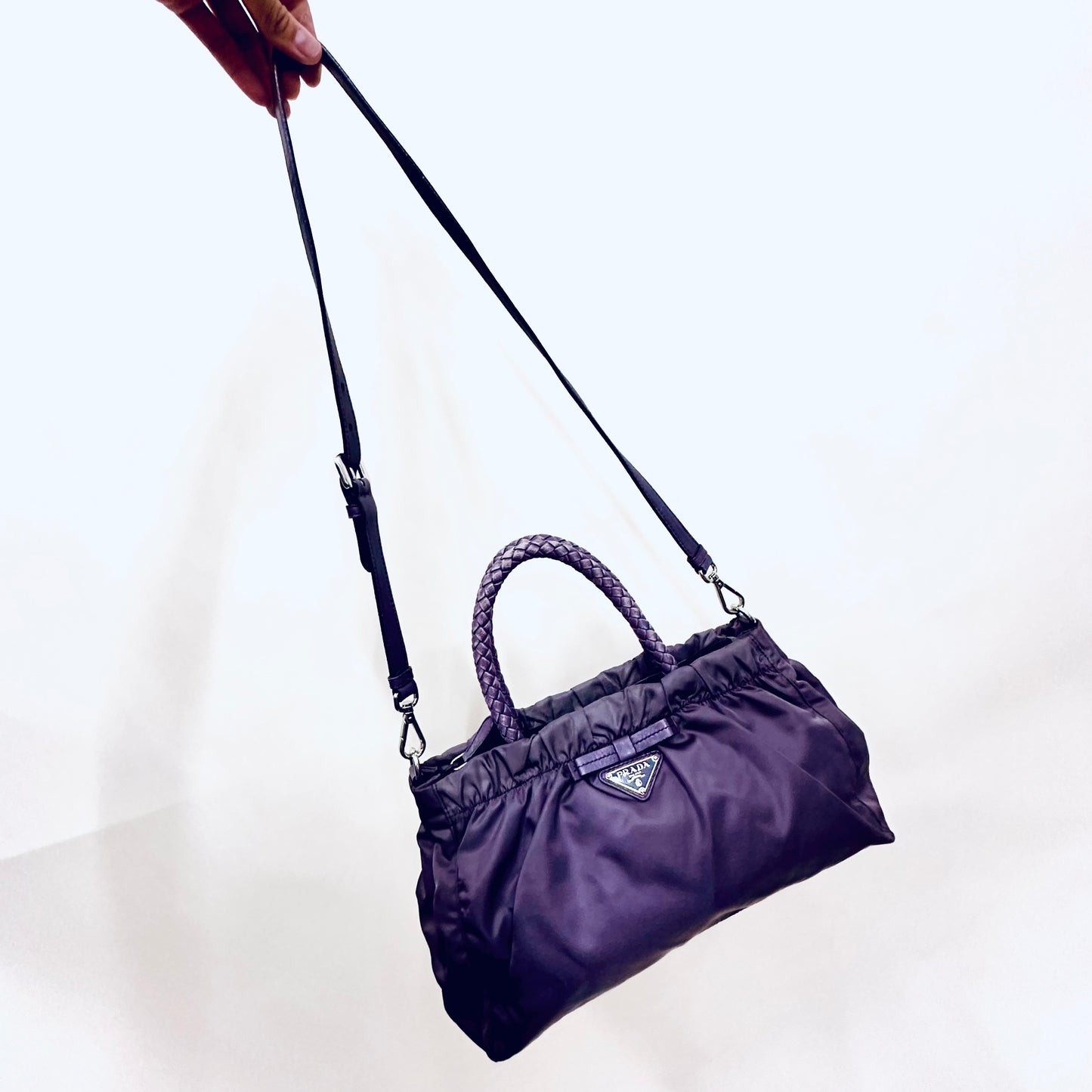 Prada Lavender Purple Bow Ruched Tessuto Classic Logo Nylon & Leather 2-Way Shoulder Sling Shopper Tote Bag