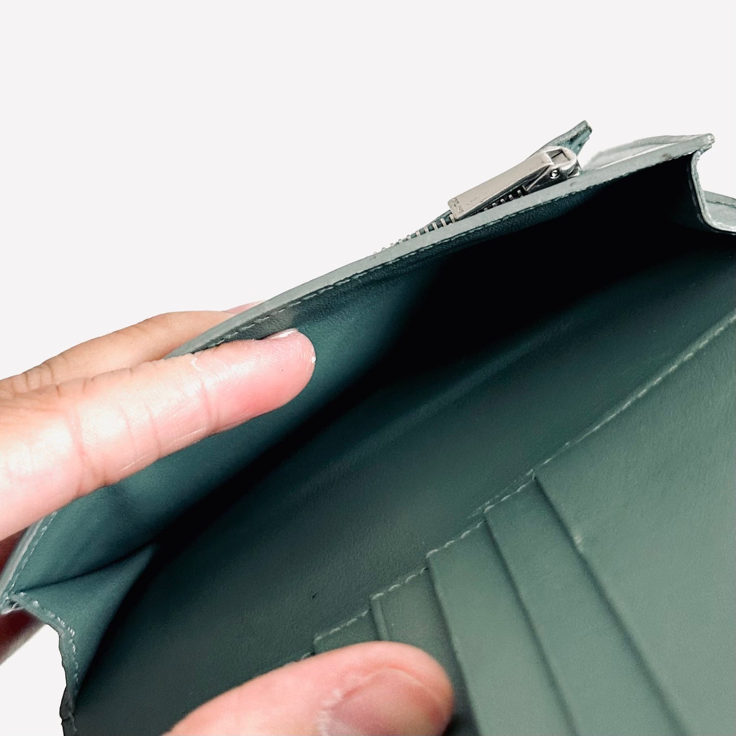 Celine Celadon / White Bicolour Grained Calfskin Leather Logo Medium Strap Compact Bifold Wallet