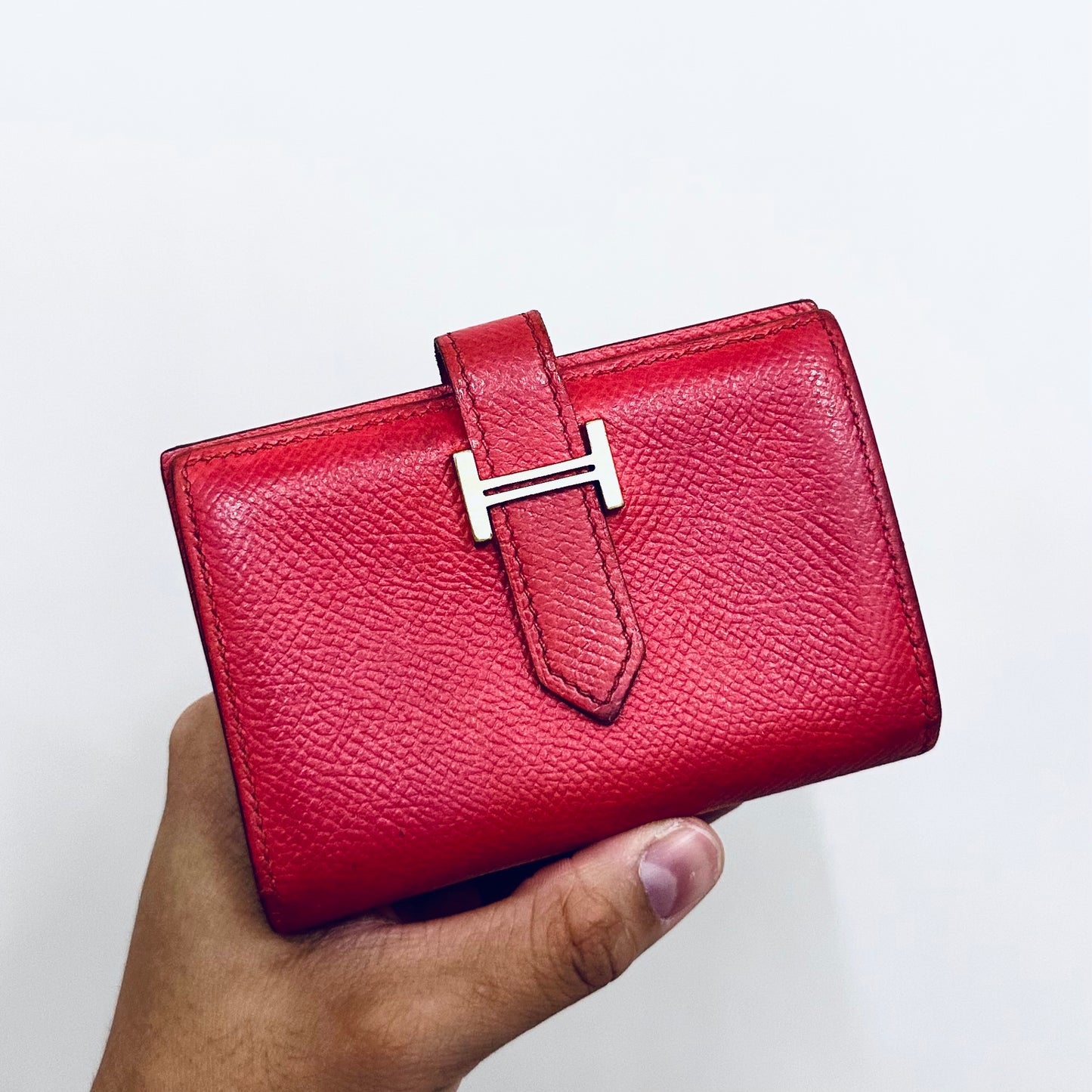 Hermes Red GHW Bearn H Monogram Logo Epsom Leather Compact Mini Flap Bifold Wallet Cardholder Card Case