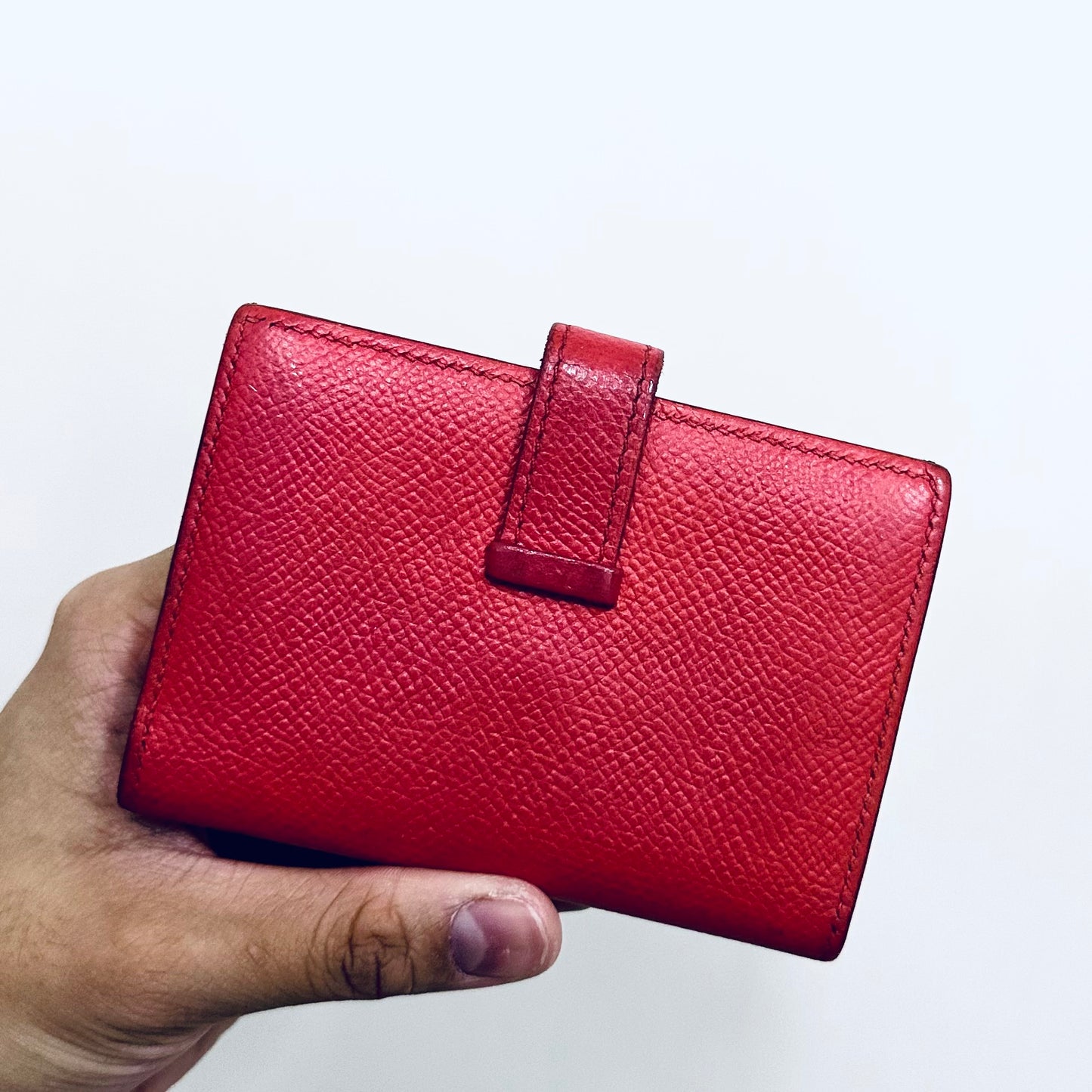 Hermes Red GHW Bearn H Monogram Logo Epsom Leather Compact Mini Flap Bifold Wallet Cardholder Card Case