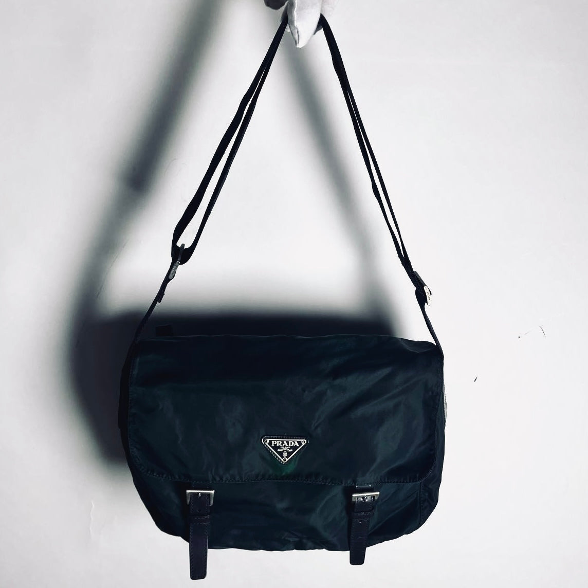 Prada Malachite Jade Green Tessuto Nylon Monogram Logo Classic Flap Shoulder Sling Bag