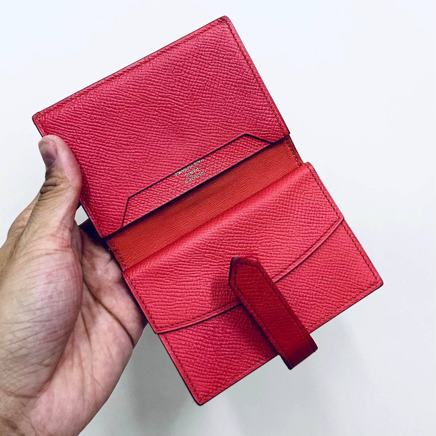 Hermes Red GHW Bearn H Monogram Logo Epsom Leather Compact Mini Flap Bifold Wallet Cardholder Card Case