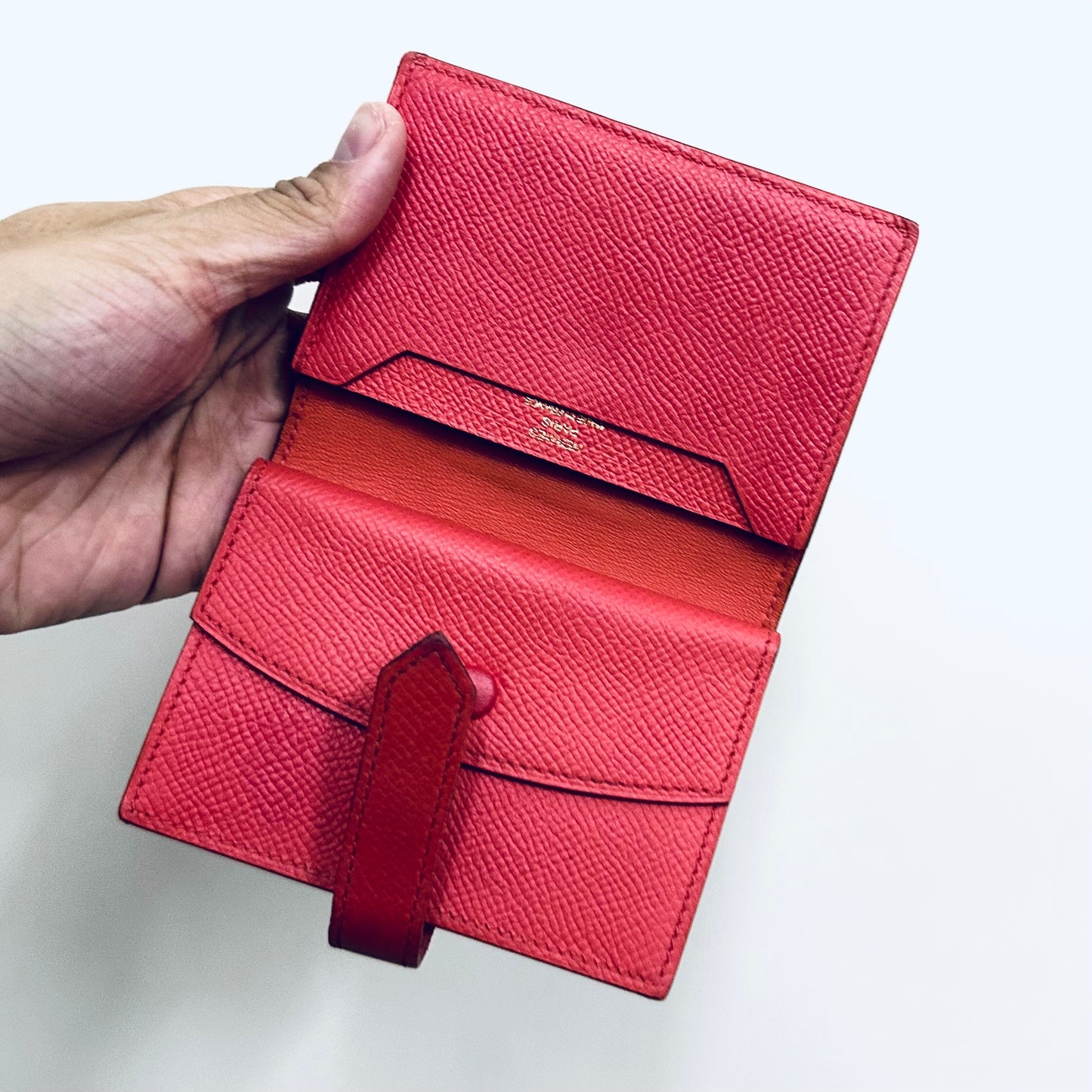 Hermes Red GHW Bearn H Monogram Logo Epsom Leather Compact Mini Flap Bifold Wallet Cardholder Card Case