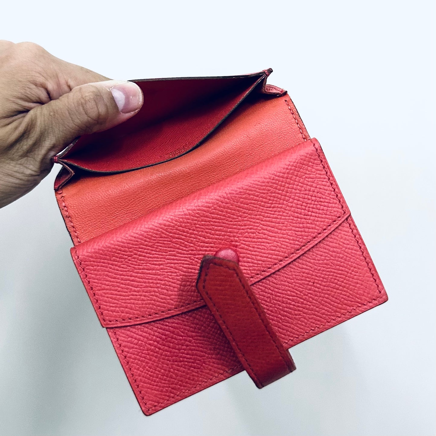 Hermes Red GHW Bearn H Monogram Logo Epsom Leather Compact Mini Flap Bifold Wallet Cardholder Card Case