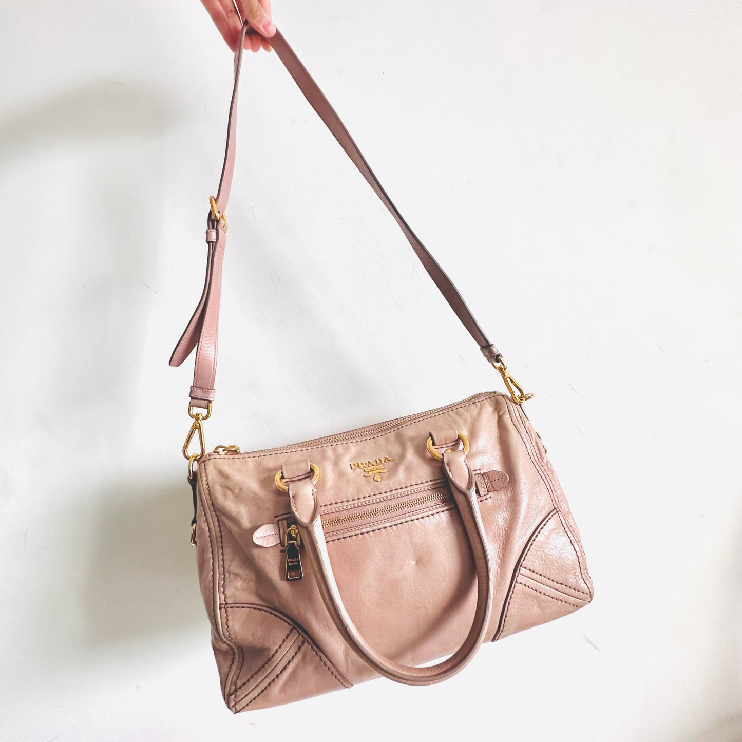 Prada Blush Pink GHW Classic Monogram Logo 2-Way Leather Shopper Shoulder Sling Tote Bag