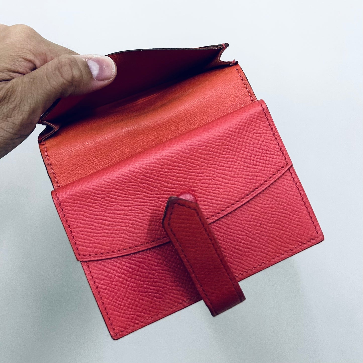 Hermes Red GHW Bearn H Monogram Logo Epsom Leather Compact Mini Flap Bifold Wallet Cardholder Card Case