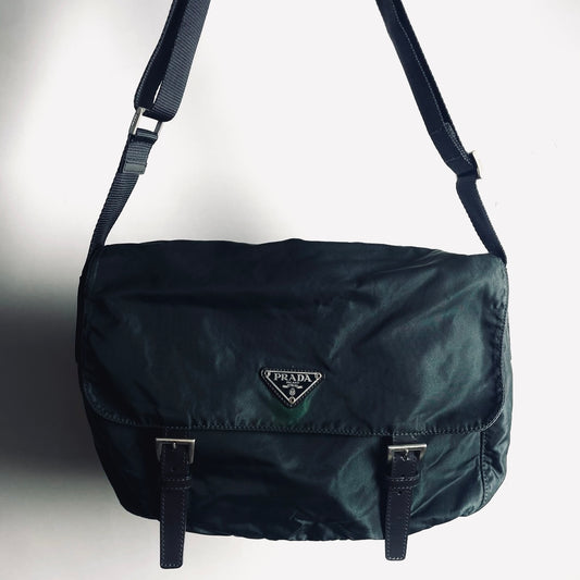 Prada Malachite Jade Green Tessuto Nylon Monogram Logo Classic Flap Shoulder Sling Bag
