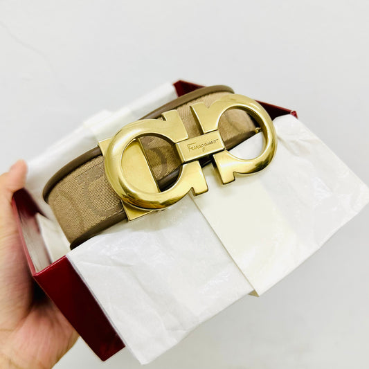 Salvatore Ferragamo Taupe / Beige GHW Gancini Giant Monogram Logo Classic Iconic Belt