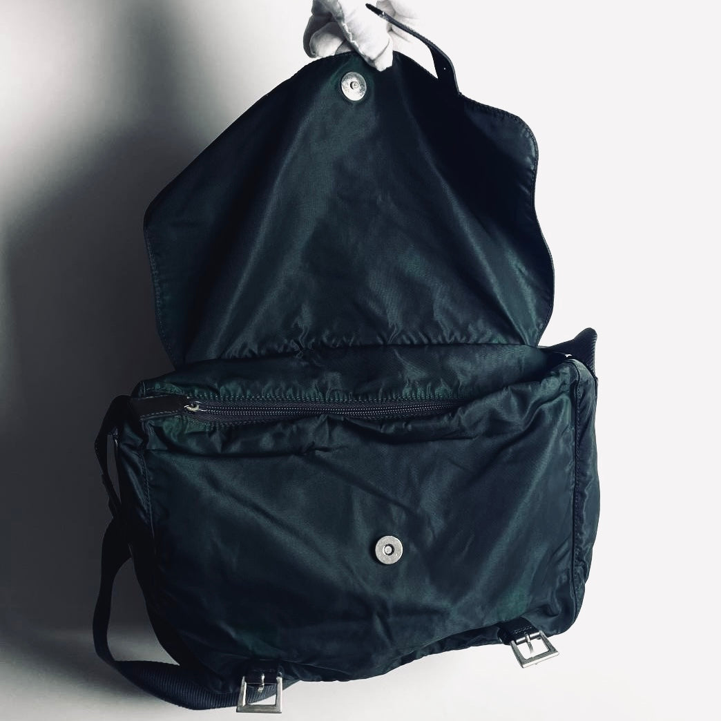 Prada Malachite Jade Green Tessuto Nylon Monogram Logo Classic Flap Shoulder Sling Bag