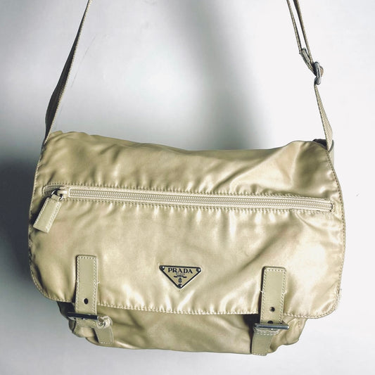 Prada Beige Taupe Vela Classic Logo Nylon & Leather Flap Shoulder Sling Bag