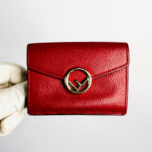Fendi Red GHW Giant FF Monogram Logo F-Is Calfskin Leather Flap Micro Trifold Compact Wallet