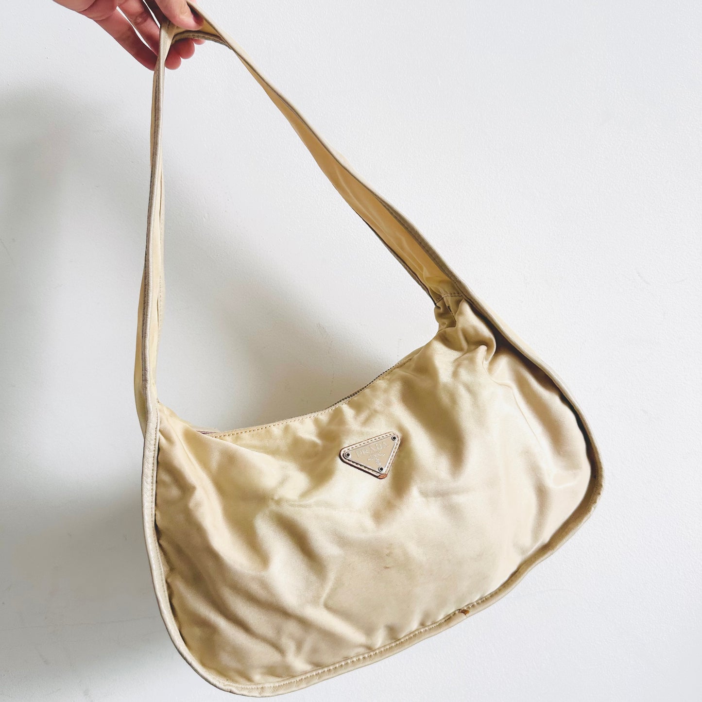Prada Cream White Tessuto Classic Logo Nylon Baguette Hobo Pochette Shoulder Bag