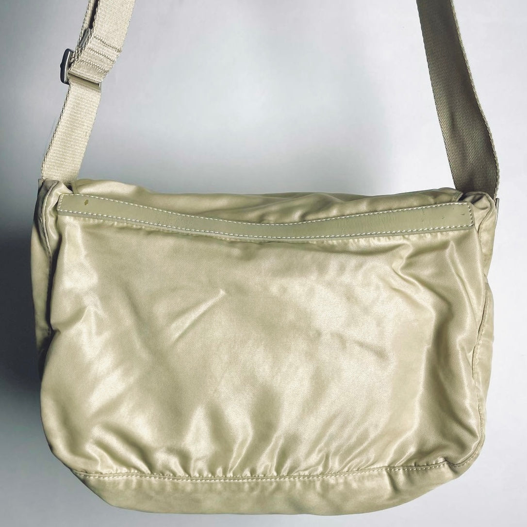 Prada Beige Taupe Vela Classic Logo Nylon & Leather Flap Shoulder Sling Bag