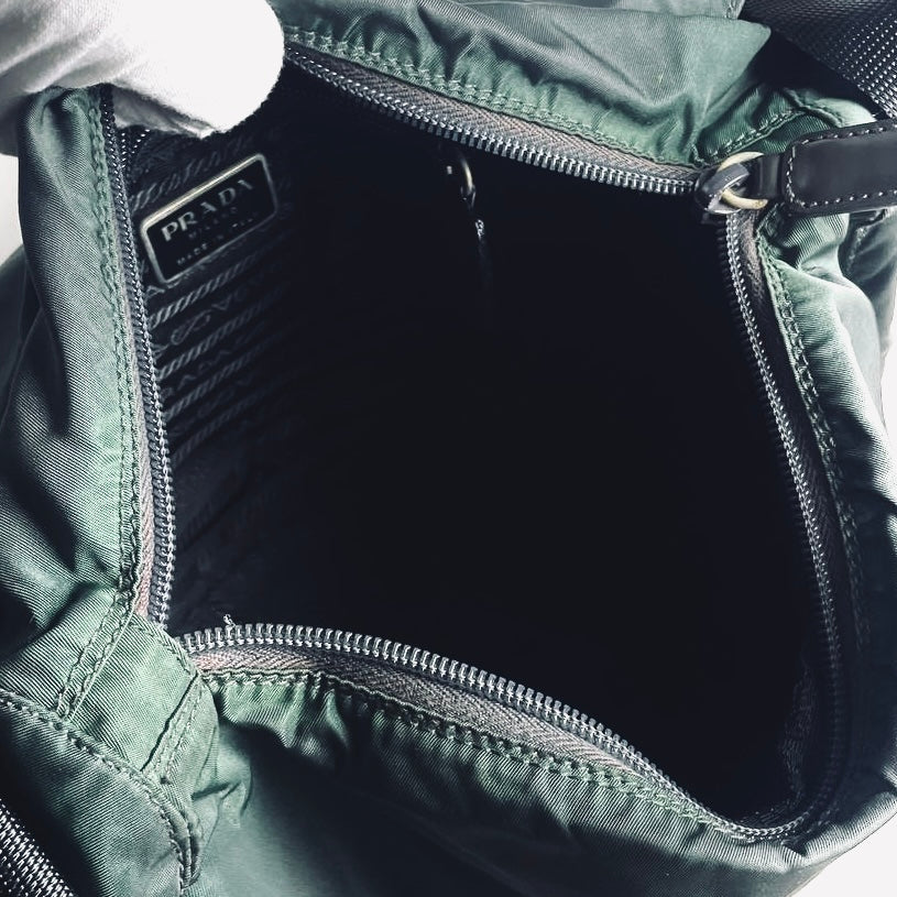 Prada Malachite Jade Green Tessuto Nylon Monogram Logo Classic Flap Shoulder Sling Bag