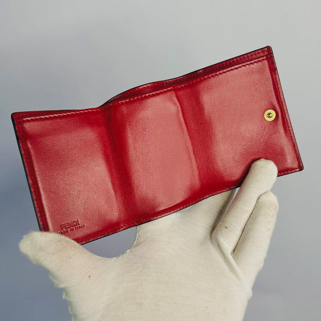 Fendi Red GHW Giant FF Monogram Logo F-Is Calfskin Leather Flap Micro Trifold Compact Wallet