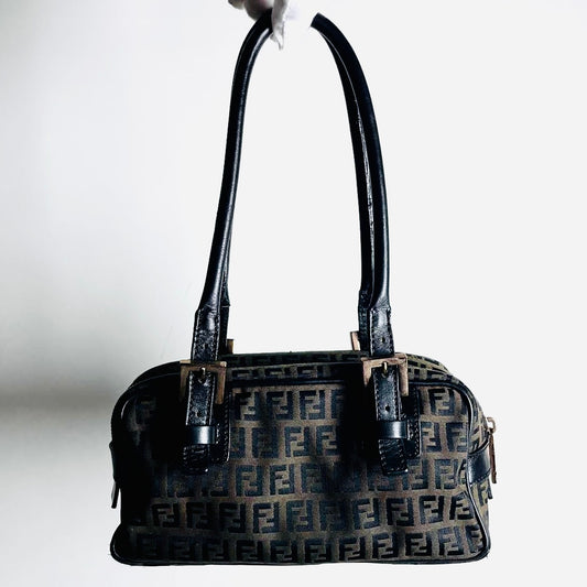 Fendi Dark Brown / Black Zucca FF Monogram Logo Small Boston Shoulder Shopper Tote Bag