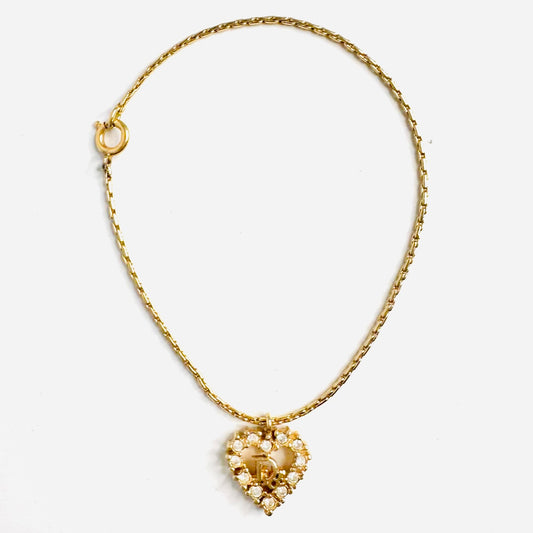 Christian Dior CD Giant Monogram Logo Gold Heart & Crystals Chain Bracelet