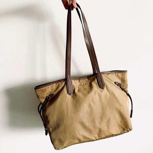 Prada Beige / Brown GHW Tessuto Classic Logo Nylon & Leather Shopper Shoulder Tote Bag