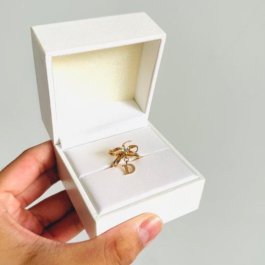 Christian Dior CD Classic Gold Monogram Logo Charm Bow Ribbon Ring