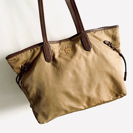 Prada Beige / Brown GHW Tessuto Classic Logo Nylon & Leather Shopper Shoulder Tote Bag