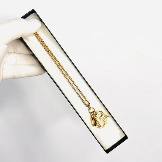 Christian Dior CD Gold & Crystals Giant Monogram Logo Chain Necklace