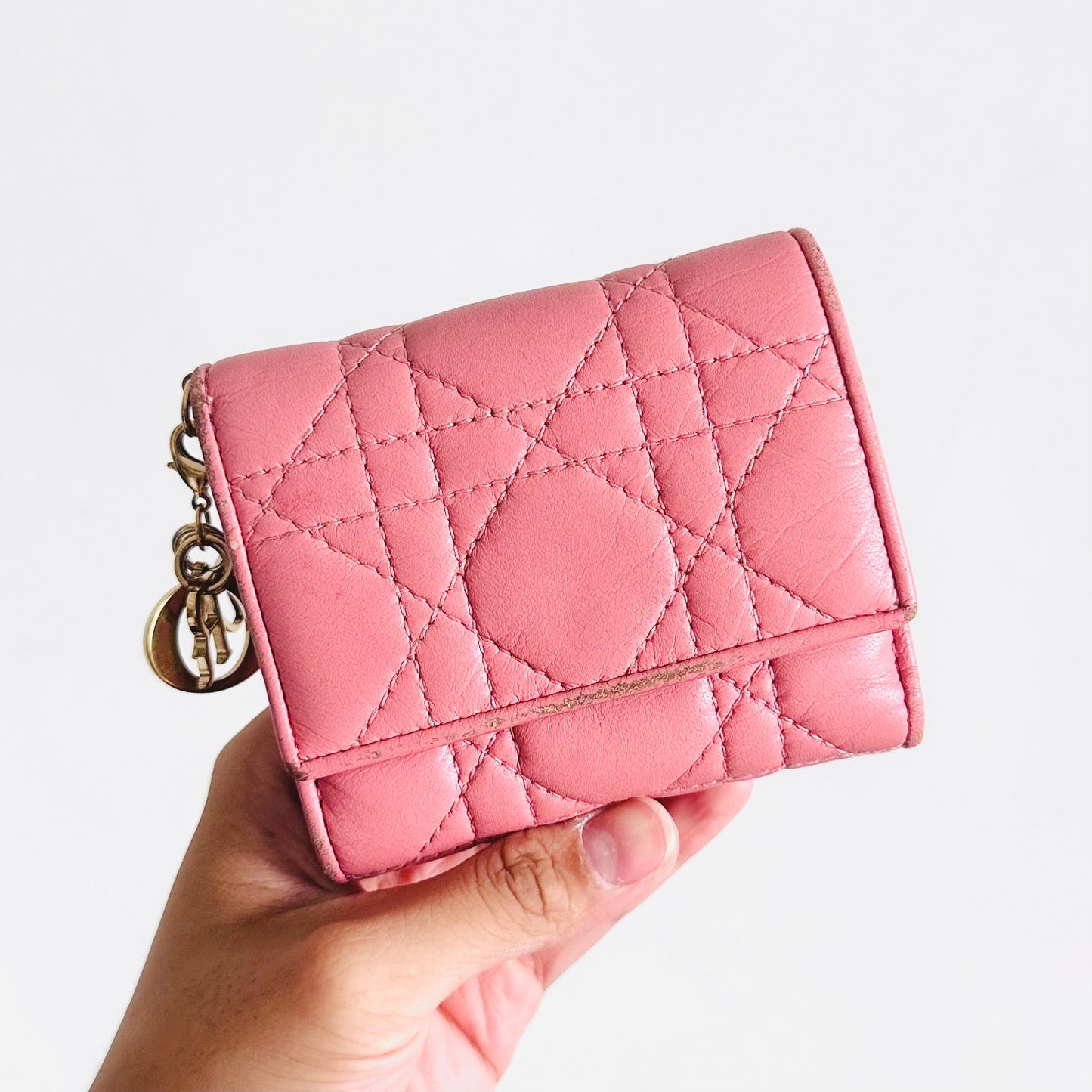 Christian Dior CD Lady Dior Bubblegum Pink GHW Cannage Quilted Lambskin Monogram Logo Charms Flap Compact Lotus Trifold Wallet