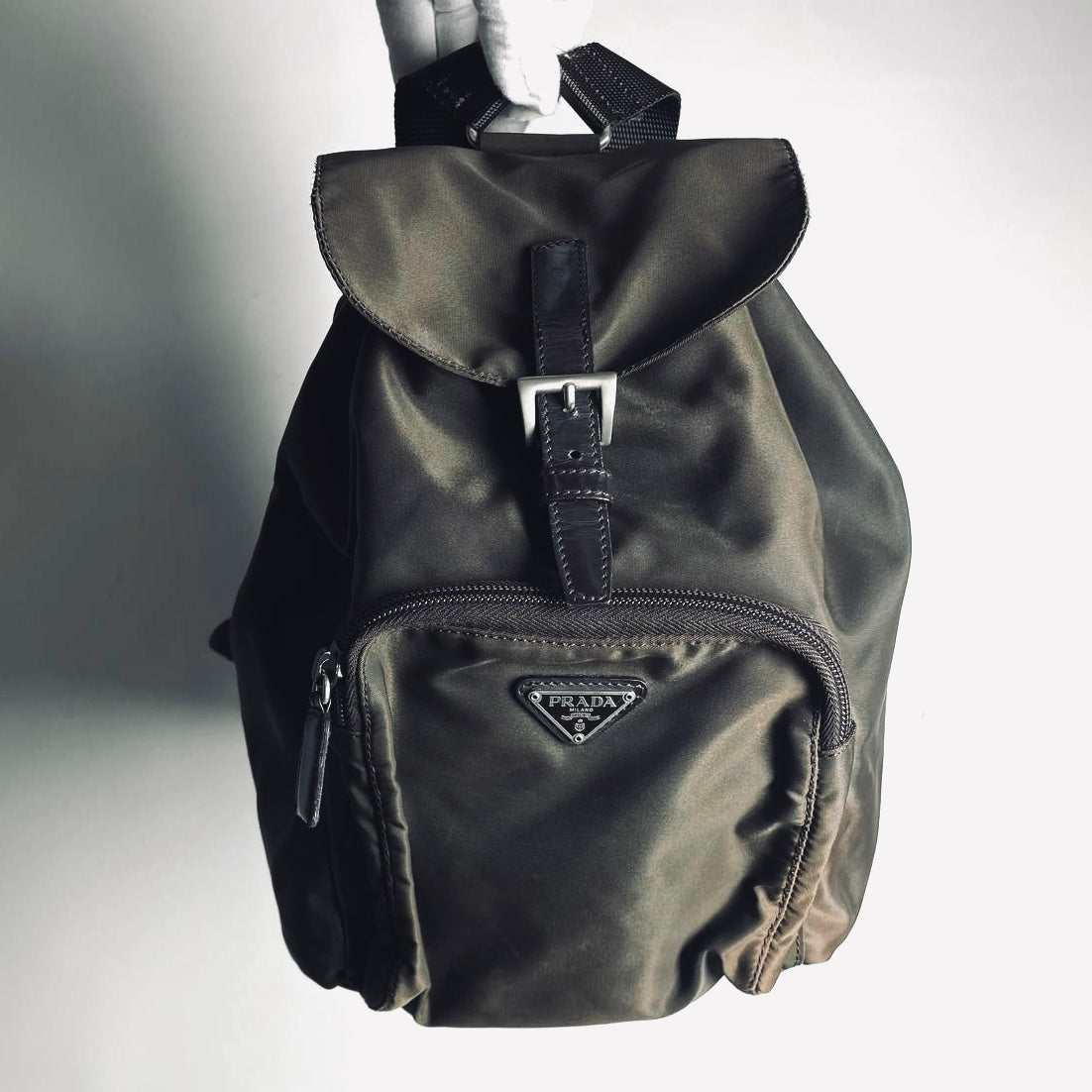 Prada Khaki Tessuto Classic Monogram Logo Nylon & Leather Small Backpack Bag
