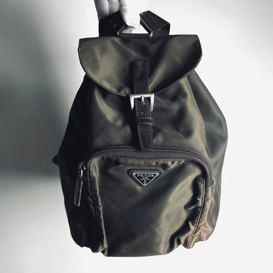 Prada Khaki Tessuto Classic Monogram Logo Nylon & Leather Small Backpack Bag