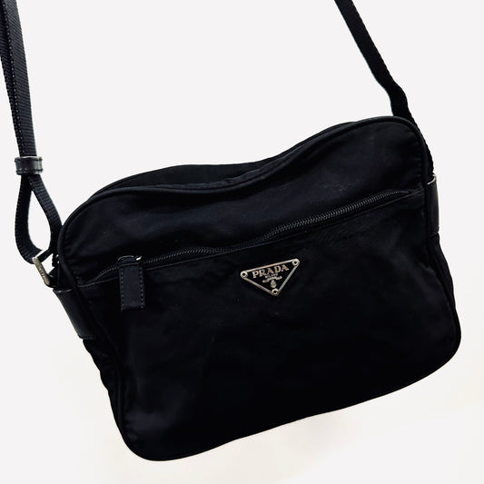 Prada Black Vela Sport Logo Classic Nylon & Leather Zip Shoulder Sling Bag