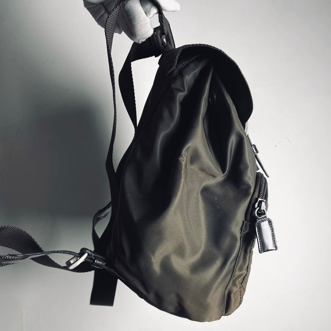 Prada Khaki Tessuto Classic Monogram Logo Nylon & Leather Small Backpack Bag