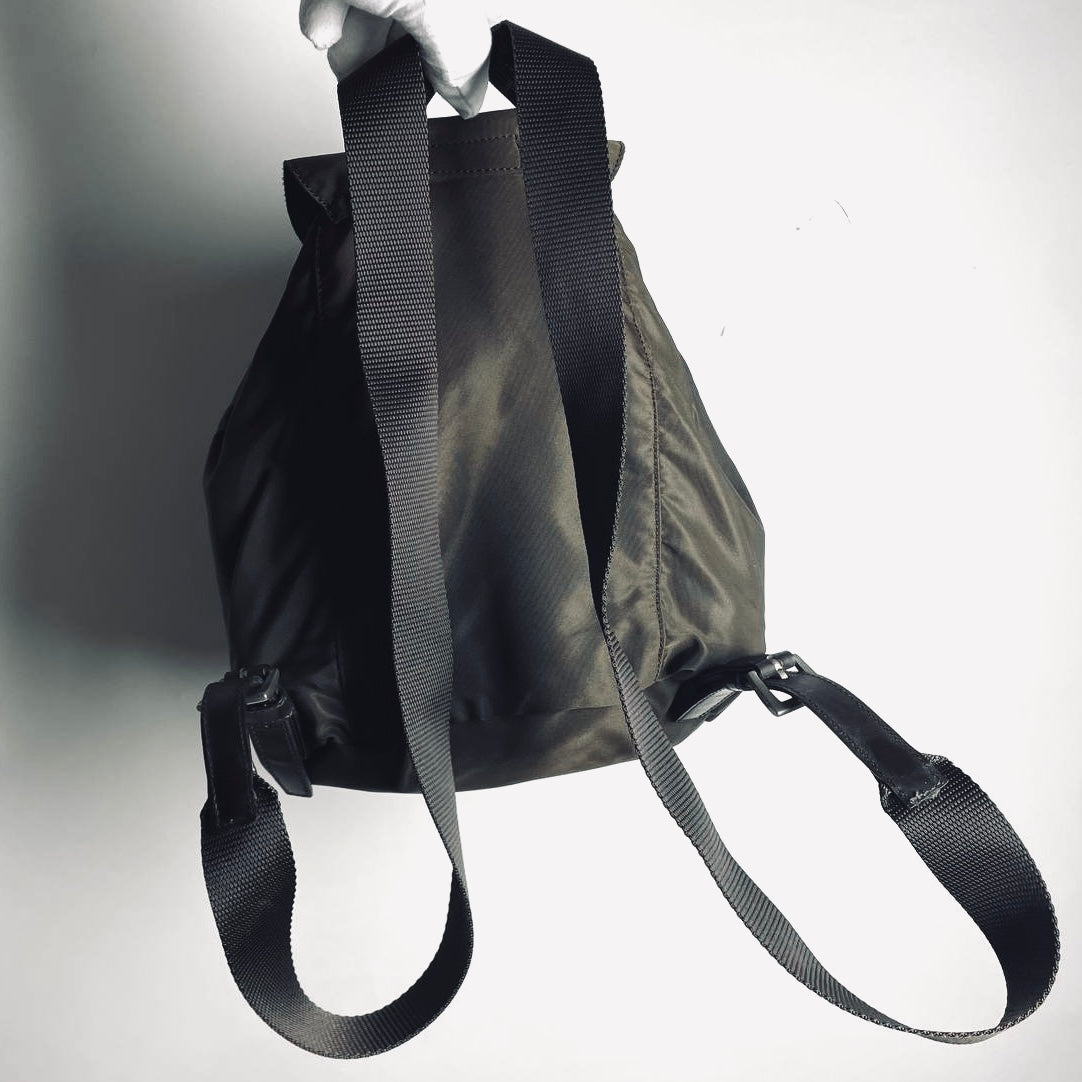 Prada Khaki Tessuto Classic Monogram Logo Nylon & Leather Small Backpack Bag