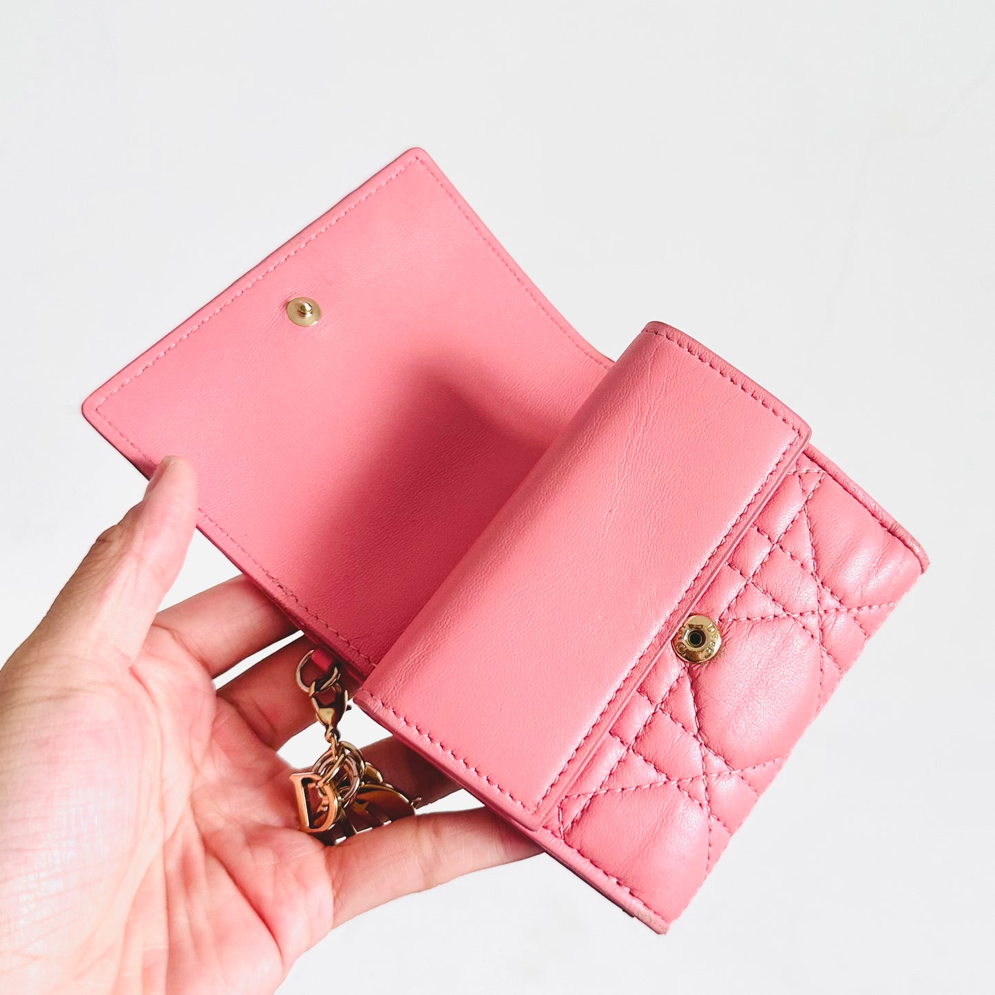 Christian Dior CD Lady Dior Bubblegum Pink GHW Cannage Quilted Lambskin Monogram Logo Charms Flap Compact Lotus Trifold Wallet