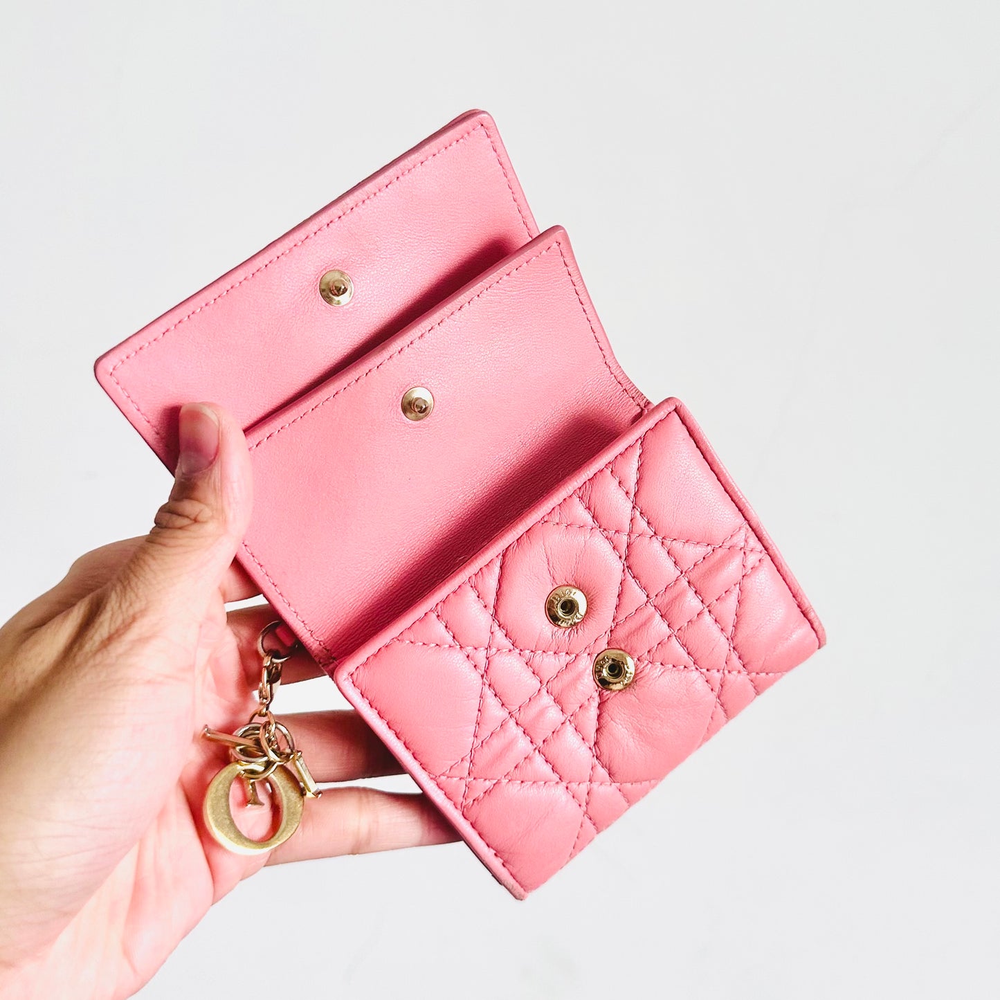 Christian Dior CD Lady Dior Bubblegum Pink GHW Cannage Quilted Lambskin Monogram Logo Charms Flap Compact Lotus Trifold Wallet