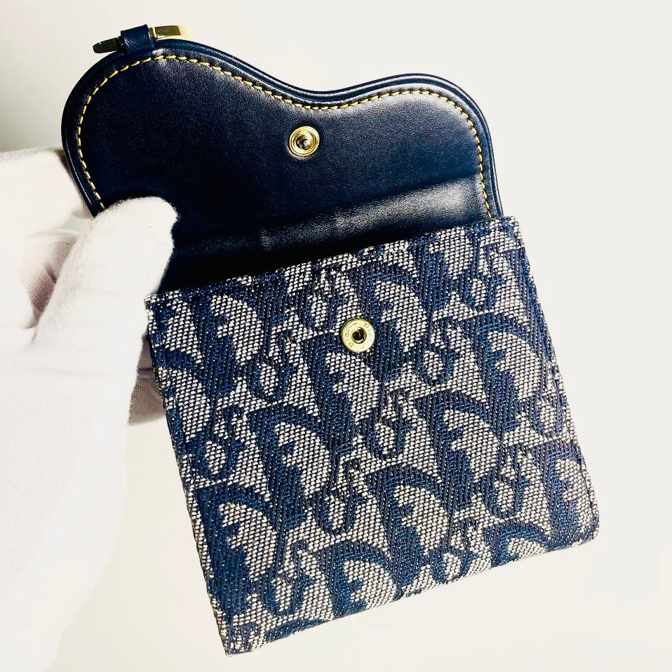 Christian Dior CD Navy Blue GHW Saddle Lotus Oblique Monogram Logo Flap Bifold Compact Wallet
