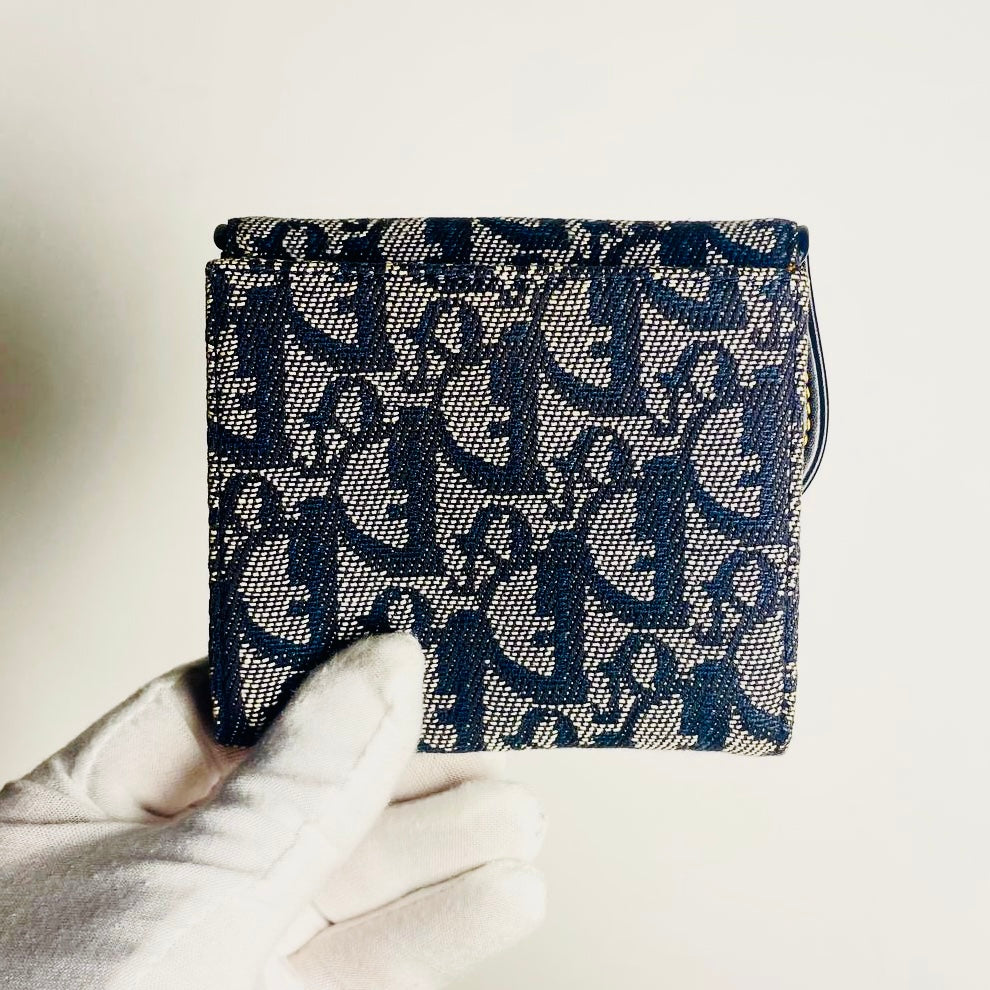 Christian Dior CD Navy Blue GHW Saddle Lotus Oblique Monogram Logo Flap Bifold Compact Wallet