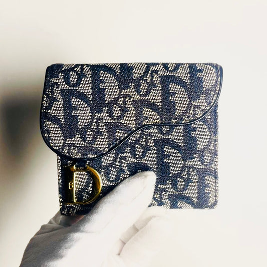 Christian Dior CD Navy Blue GHW Saddle Lotus Oblique Monogram Logo Flap Bifold Compact Wallet