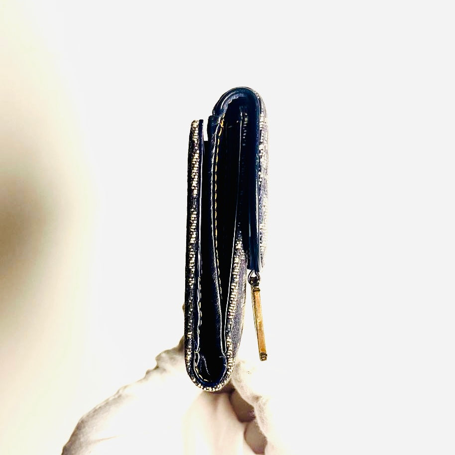 Christian Dior CD Navy Blue GHW Saddle Lotus Oblique Monogram Logo Flap Bifold Compact Wallet