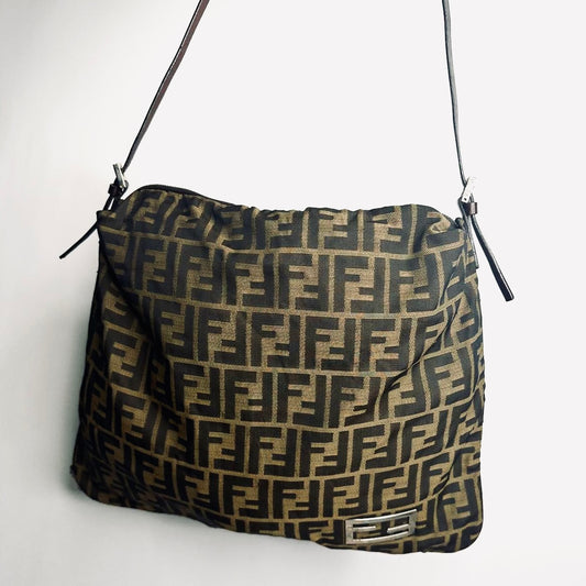Fendi Brown Zucca Zucchino FF Monogram Logo Mamma Hobo Baguette Shoulder Bag