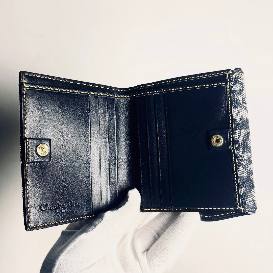 Christian Dior CD Navy Blue GHW Saddle Lotus Oblique Monogram Logo Flap Bifold Compact Wallet