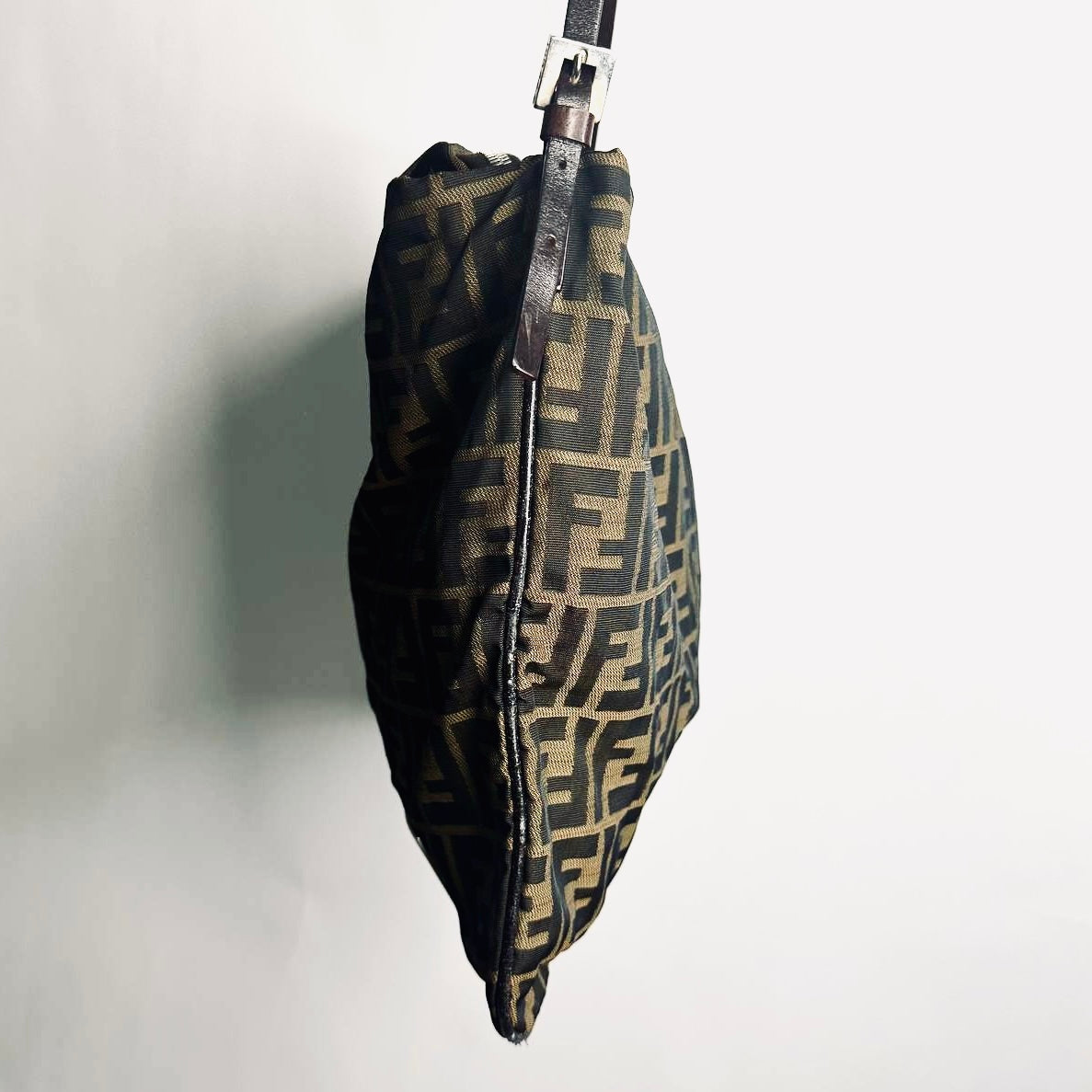 Fendi Brown Zucca Zucchino FF Monogram Logo Mamma Hobo Baguette Shoulder Bag
