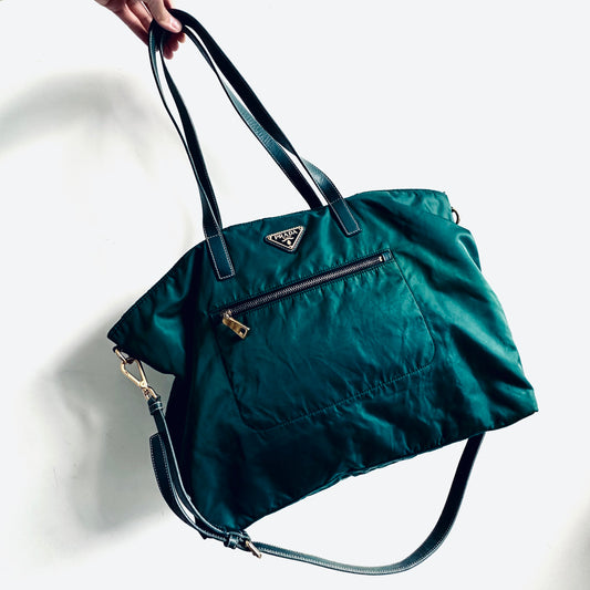 Prada Jade Green Malachite GHW Classic Monogram Logo 2-Way Nylon & Leather Shopper Shoulder Sling Tote Bag