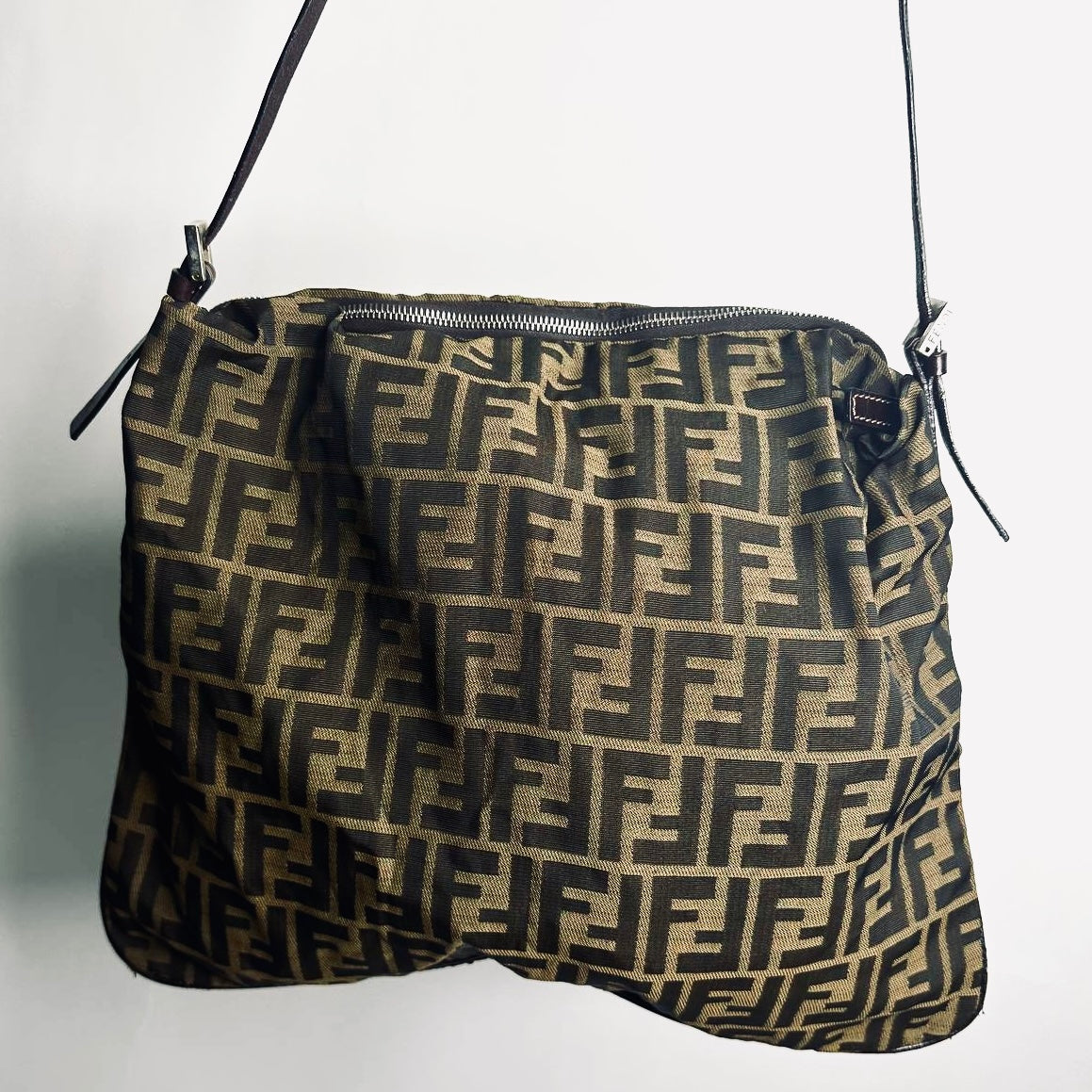 Fendi Brown Zucca Zucchino FF Monogram Logo Mamma Hobo Baguette Shoulder Bag