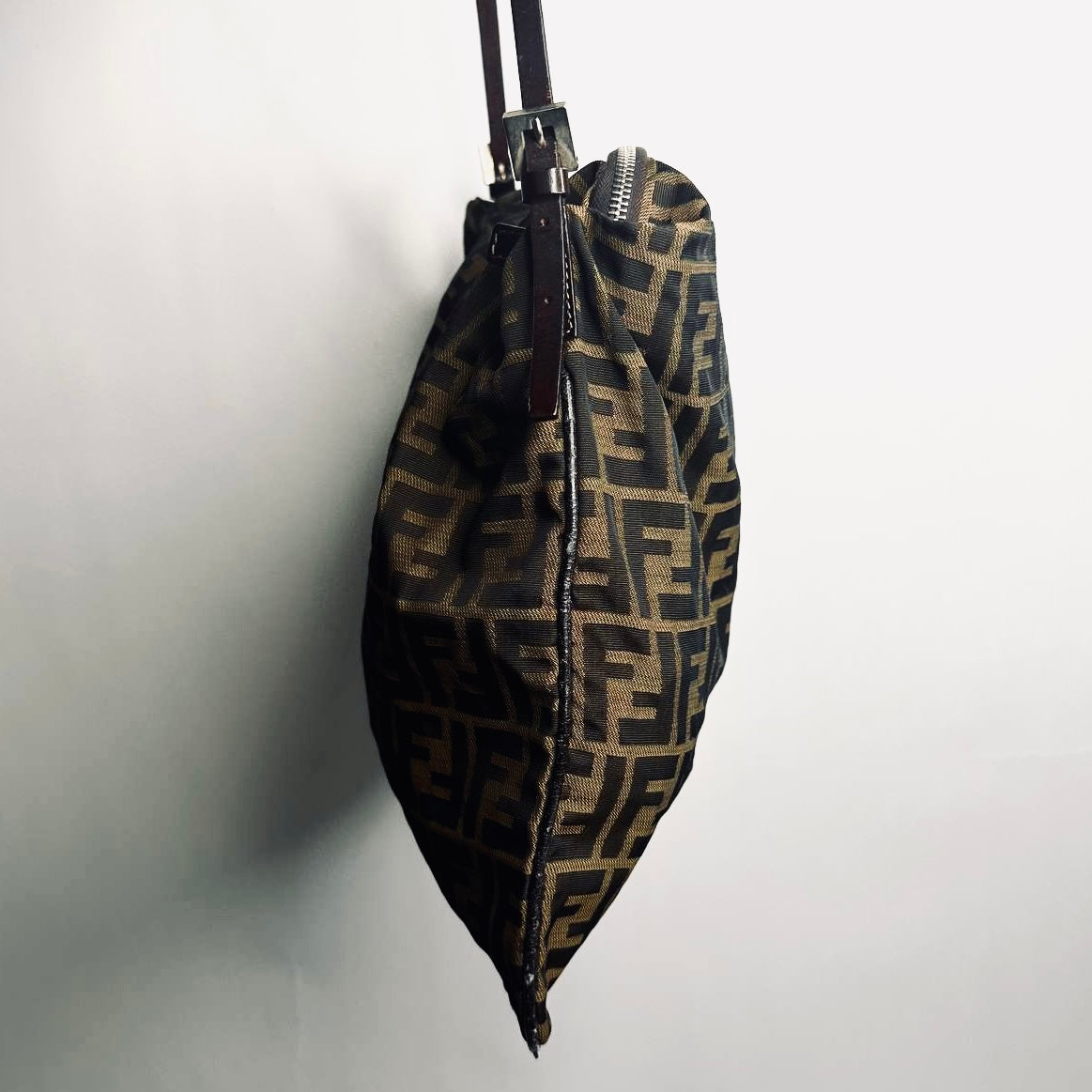 Fendi Brown Zucca Zucchino FF Monogram Logo Mamma Hobo Baguette Shoulder Bag