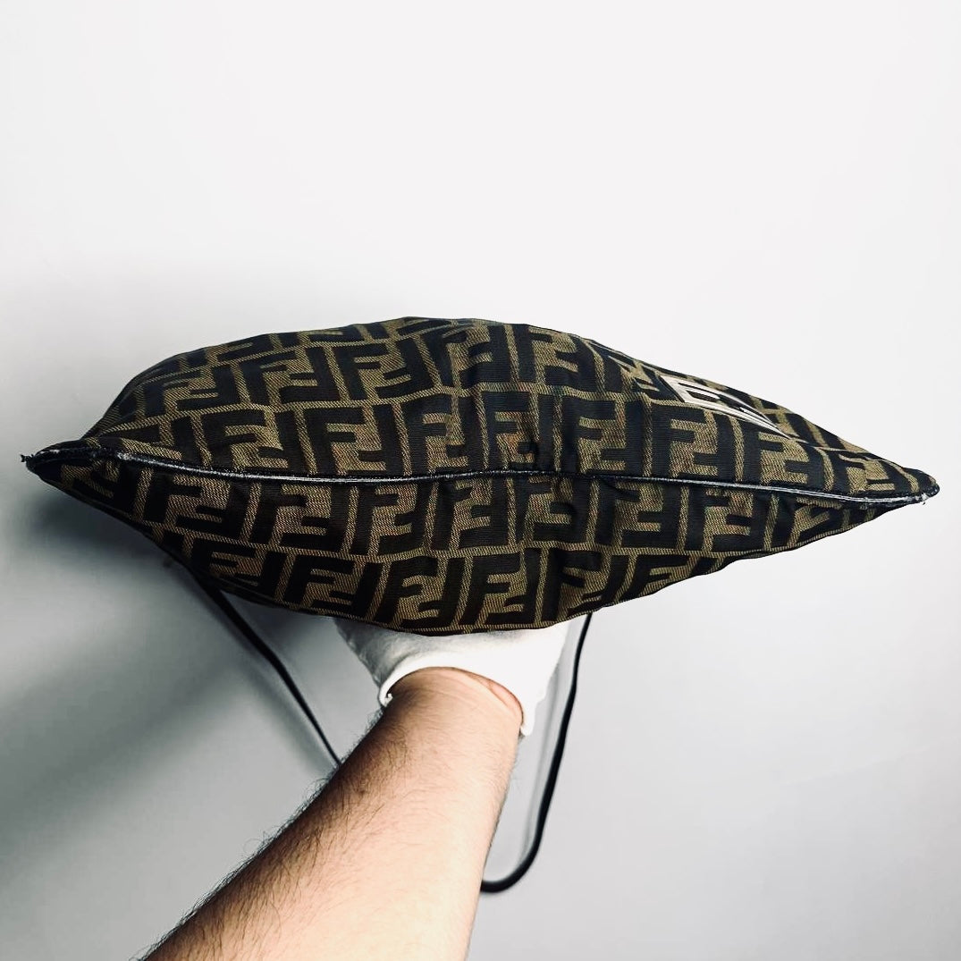 Fendi Brown Zucca Zucchino FF Monogram Logo Mamma Hobo Baguette Shoulder Bag