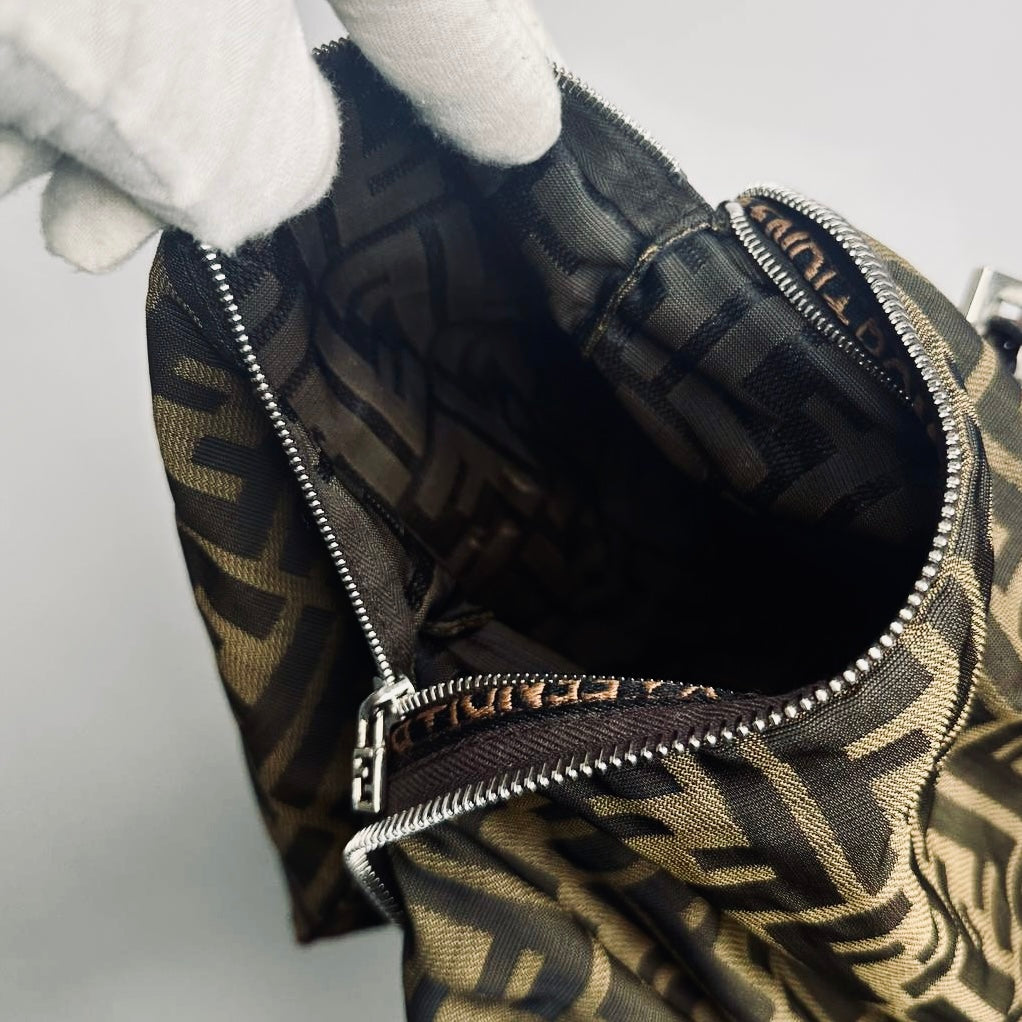 Fendi Brown Zucca Zucchino FF Monogram Logo Mamma Hobo Baguette Shoulder Bag