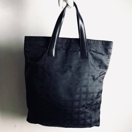Chanel Black Travel Line Quilted Jacquard CC Monogram Logo Tall Vertical Shopper Tote Bag 6s